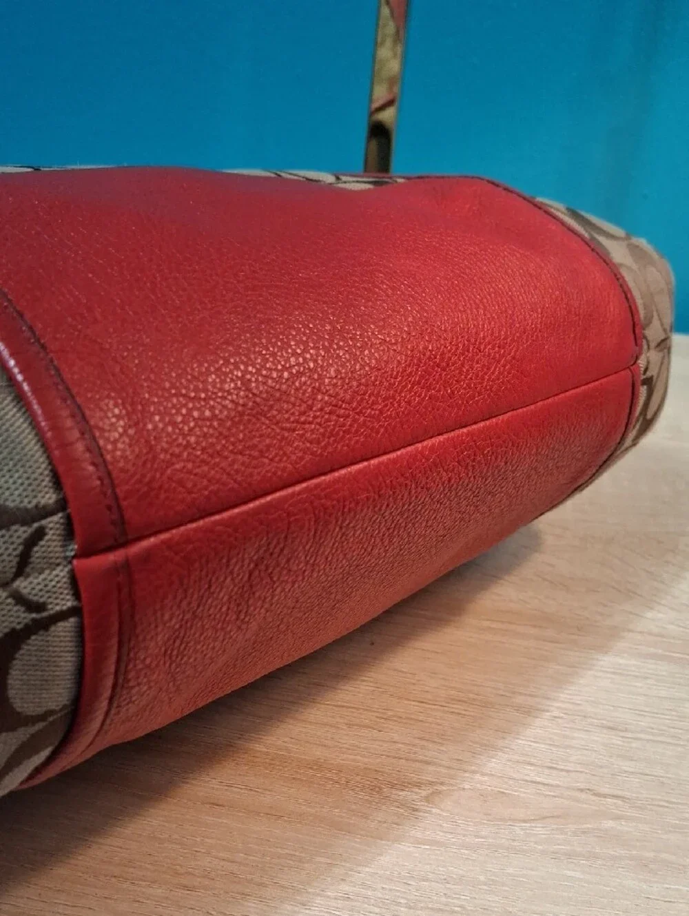 Coach Park Signature Canvas Shoulder Bag in Tan with Red Trim F30341